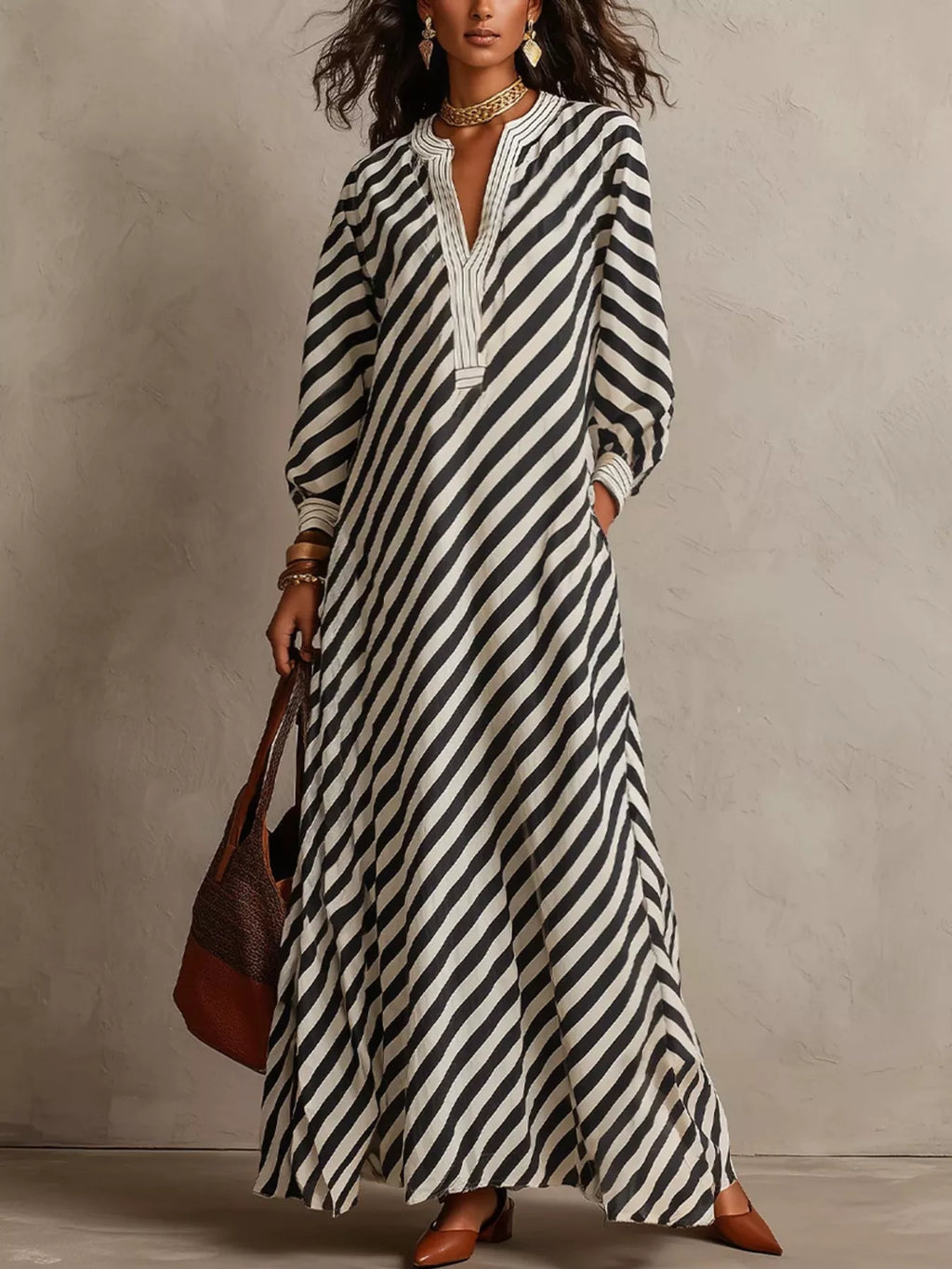 Striped Long Sleeves Maxi Dress