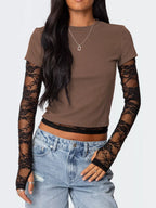 Cropped T-shirt Sheer Lace Sleeves (10)