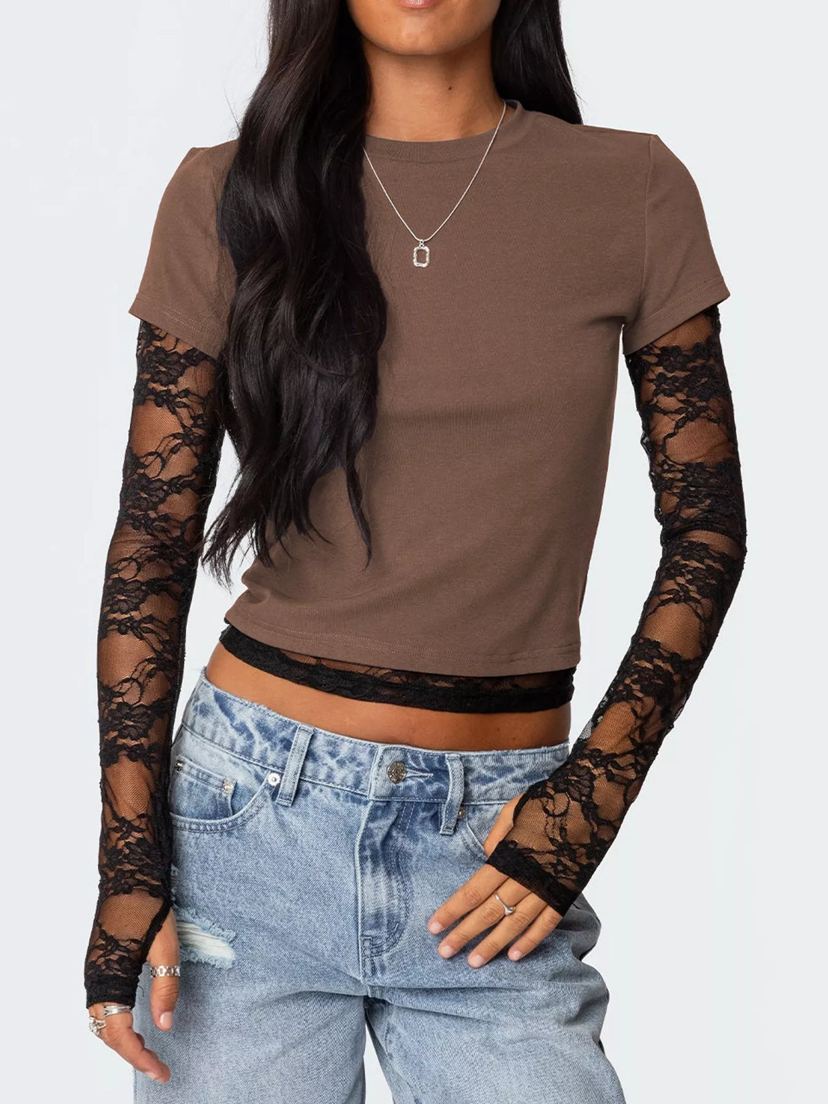Cropped T-shirt Sheer Lace Sleeves (10)