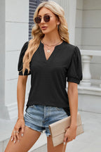 Eyelet Notched Puff Sleeve T-shirt (3)
