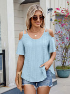 Round Neck Cold Shoulder Eyelet T-shirt (18)