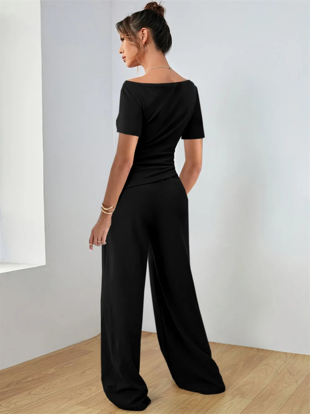 Round Neck Short Sleeve T-shirt Pants Set (17)