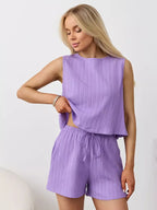 Textured Round Neck Tank Shorts Set (35)