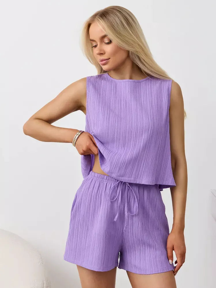 Textured Round Neck Tank Shorts Set (35)