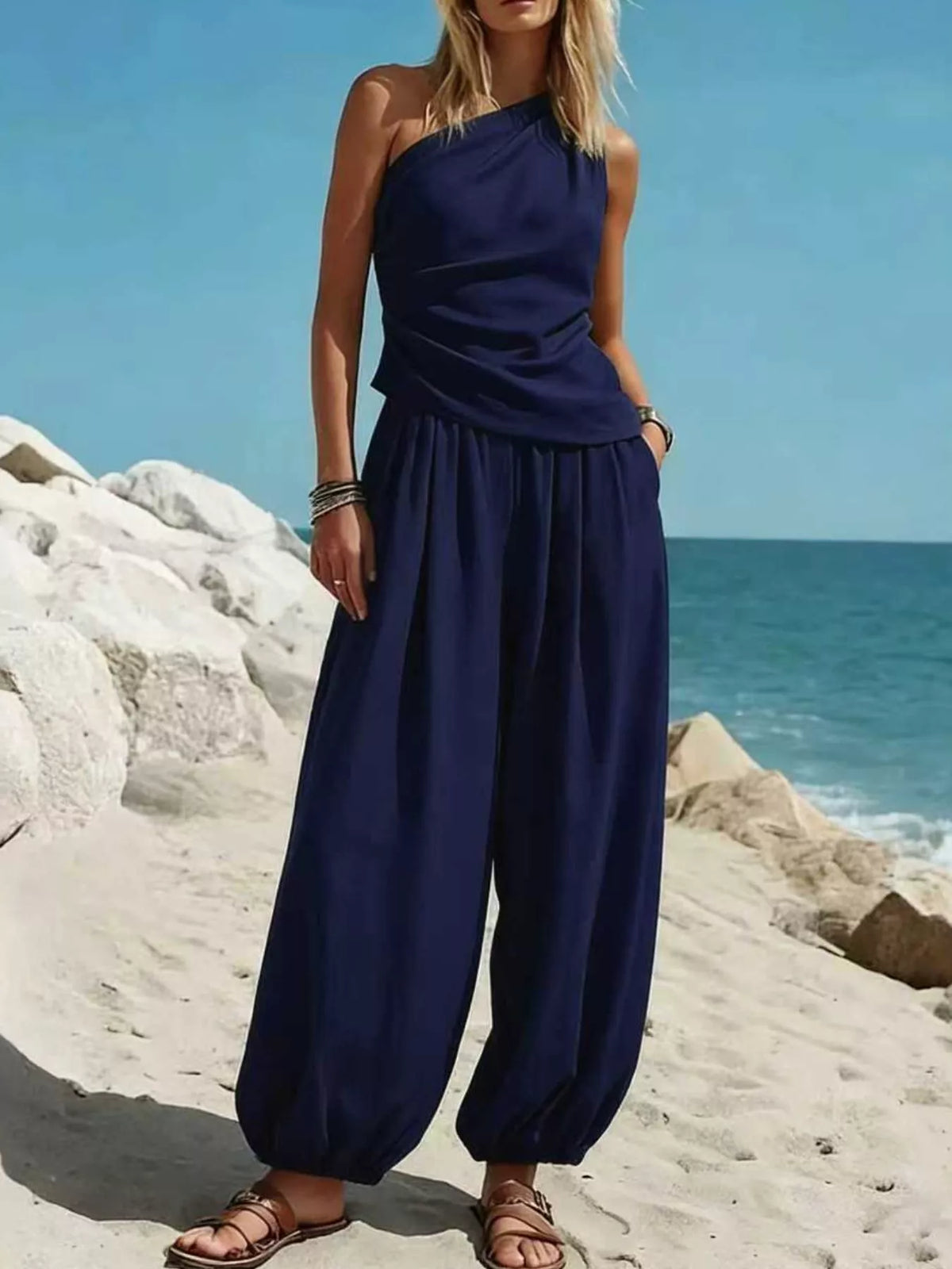 Full Size One-shoulder Top Wide Leg Pants Set Plus (13)