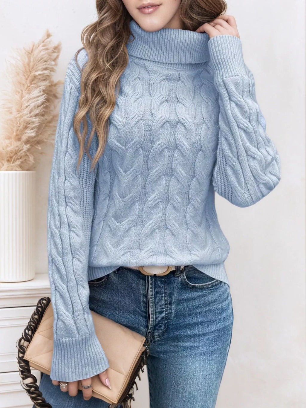 Cable Knit Turtleneck Long Sleeve Sweater (2)