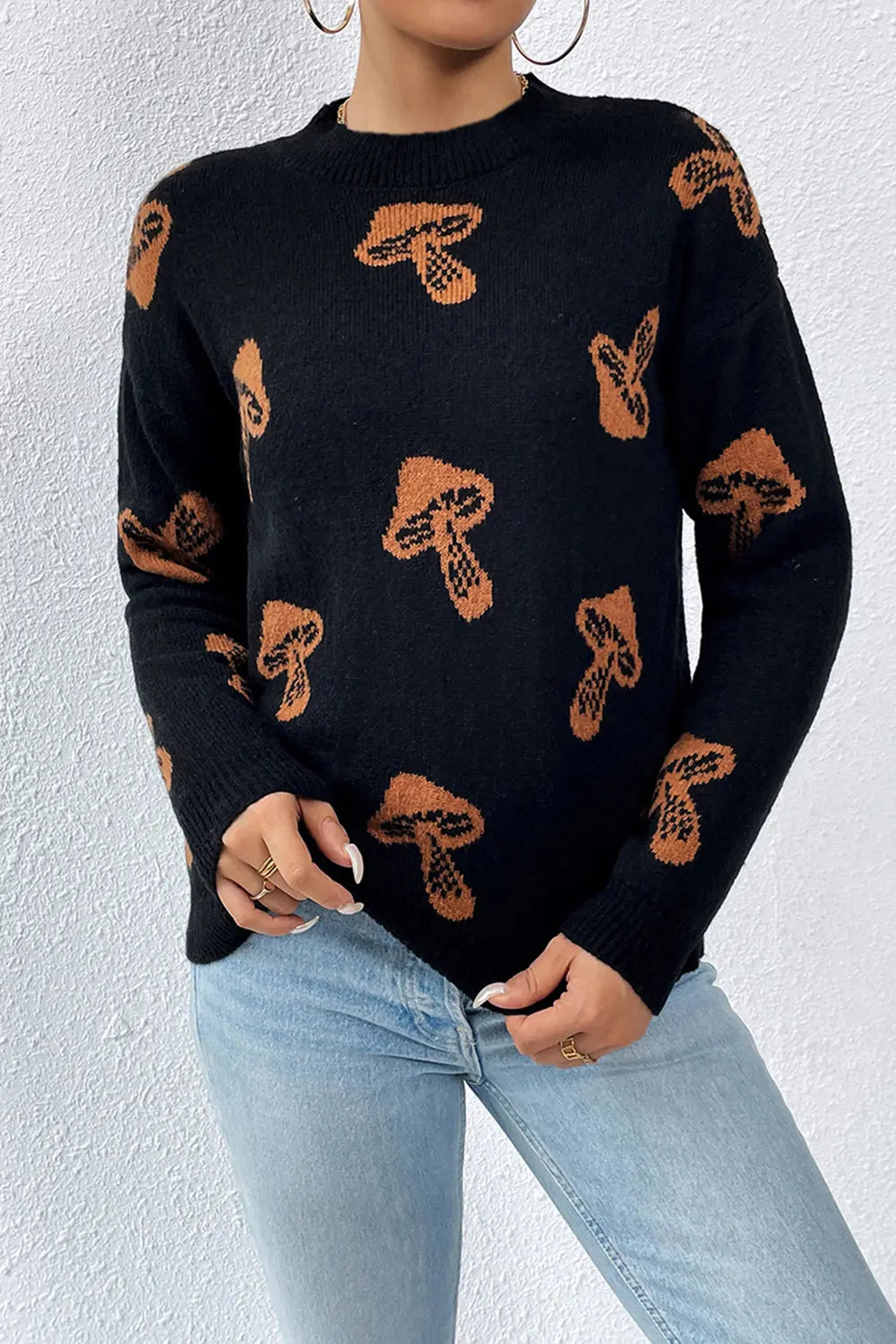 Graphic Mock Neck Dropped Shoulder Sweater (15)
