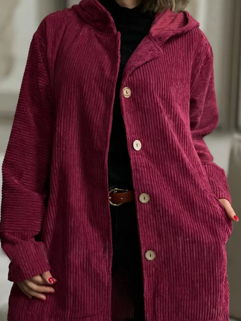 Full Size Corduroy Button Up Hooded Jacket Plus (11)