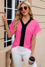 Contrast Johnny Collar Short Sleeve Blouse (14)