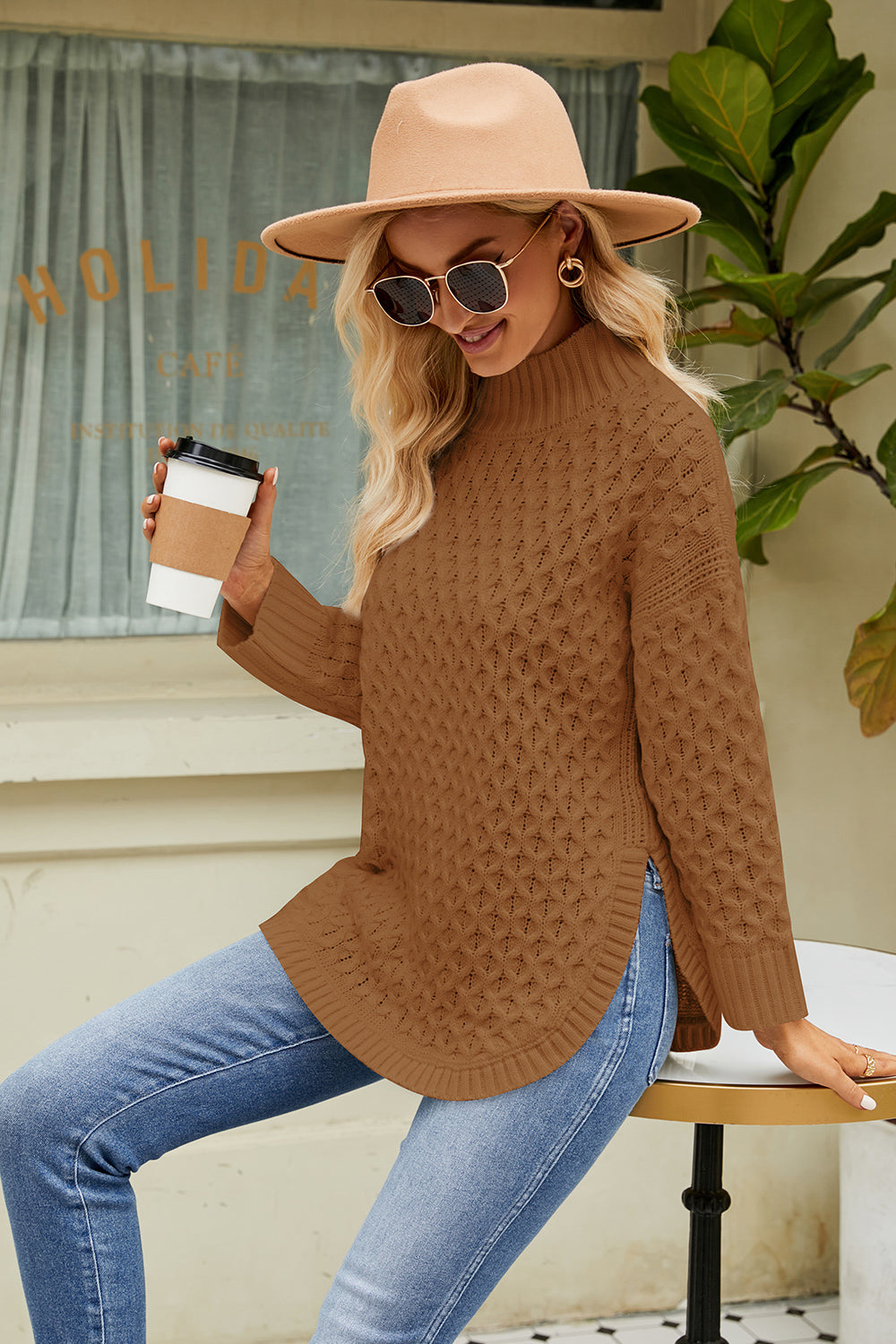 Slit Long Sleeve Mock Neck Sweater (9)