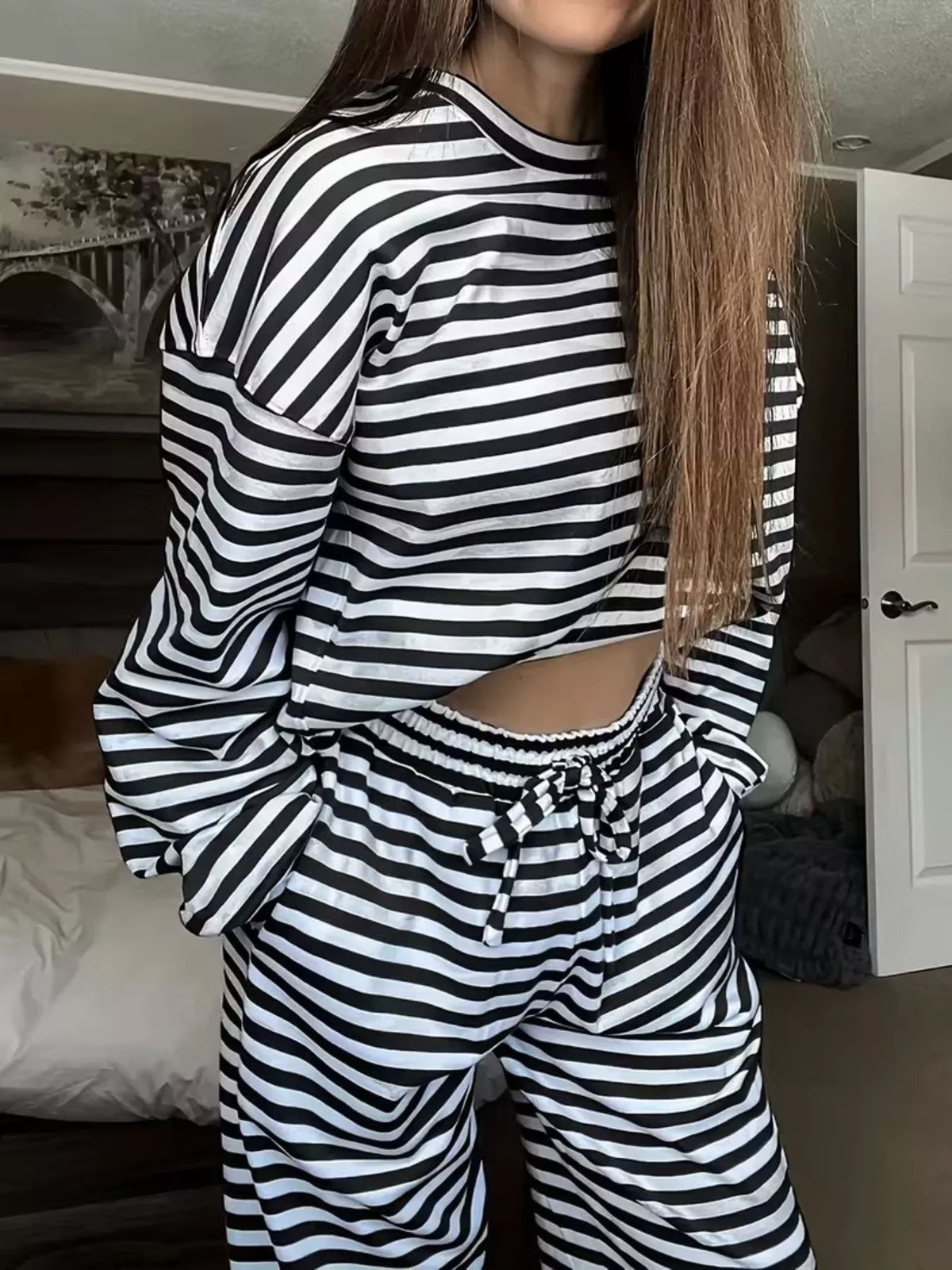 Striped Round Neck Top Pants Set