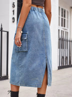 Slit Buttoned Denim Skirt Pockets (2)