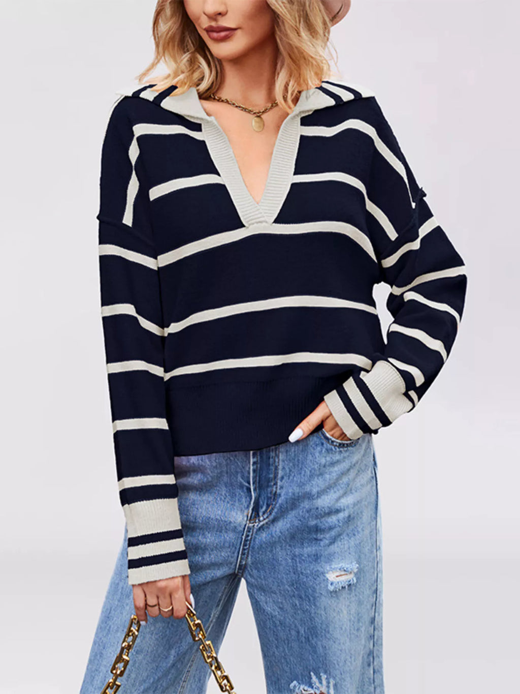 Striped Johnny Collar Dropped Shoulder Sweater (6)