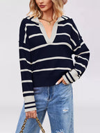 Striped Johnny Collar Dropped Shoulder Sweater (6)