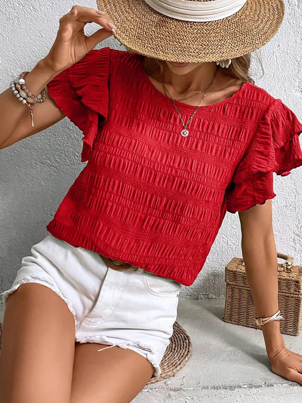 Round Neck Flounce Sleeve Blouse (20)