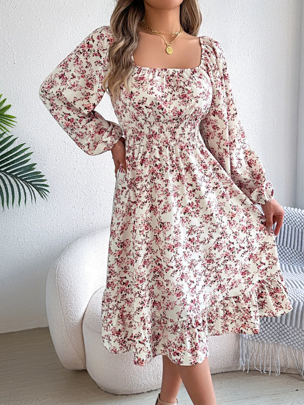 Floral Print Long Sleeve Square Neck Midi Dress (21)