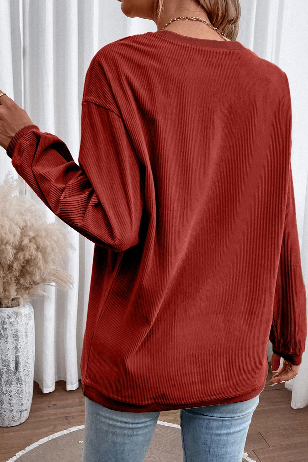 Ribbed Round Neck Drop Shoulder Sweatshirt (2)