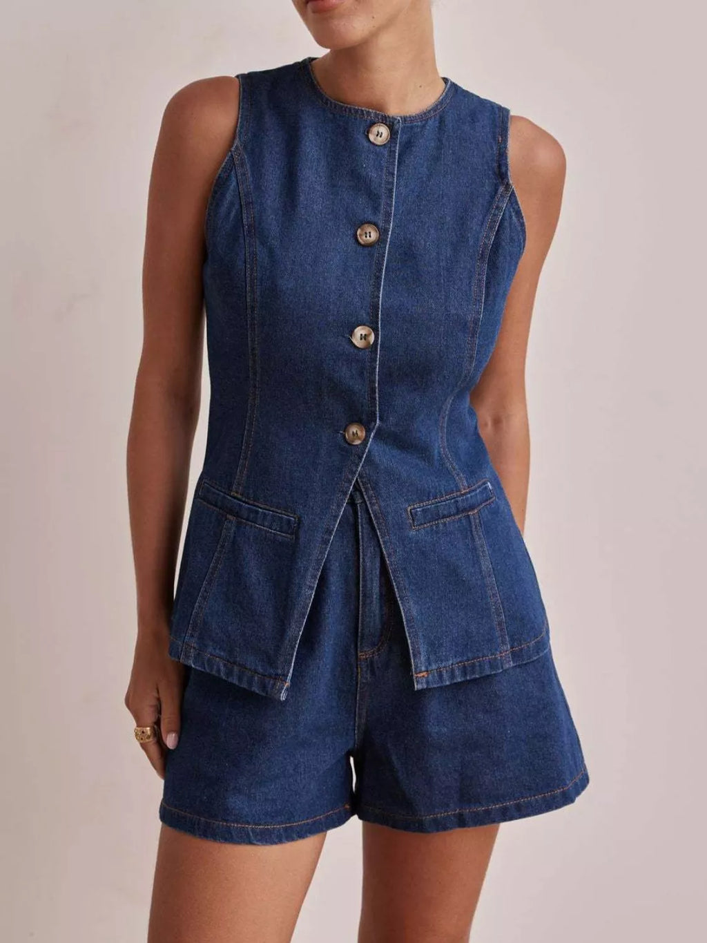 Button Down Vest Shorts Denim Set