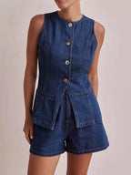 Button Down Vest Shorts Denim Set