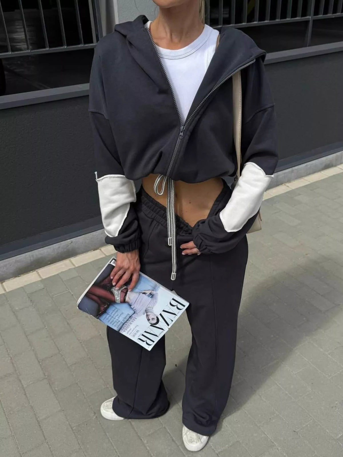 Zip Up Hoodie Wide-leg Pants Set (29)