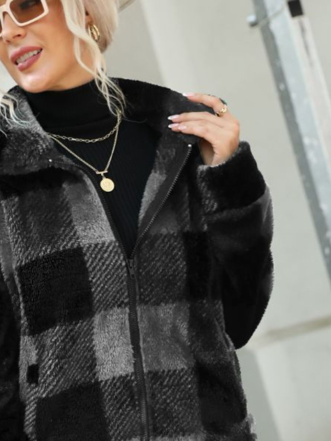 Plaid Zip-up Collared Jacket (9)
