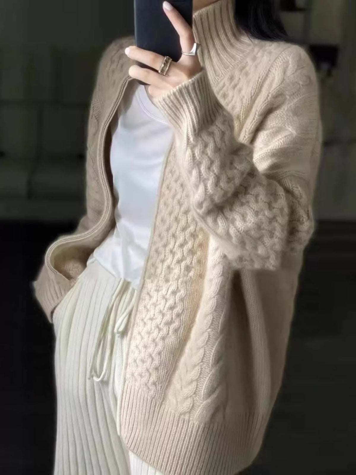 Full Size Cable-knit Zip-up Cardigan Plus (3)