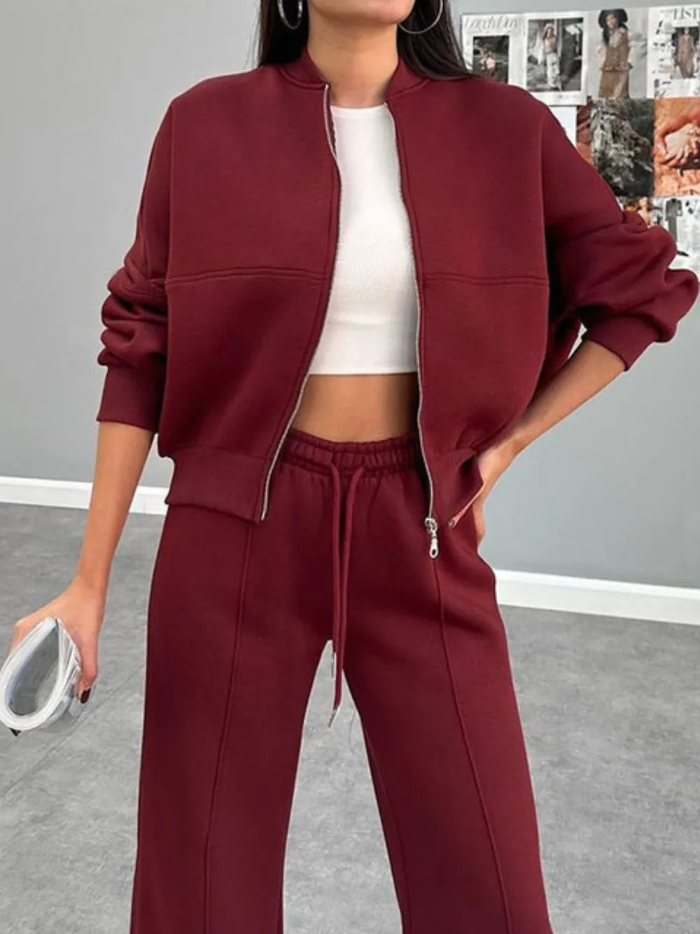 Baseball Collar Zip Up Top Drawstring Paants Set (11)