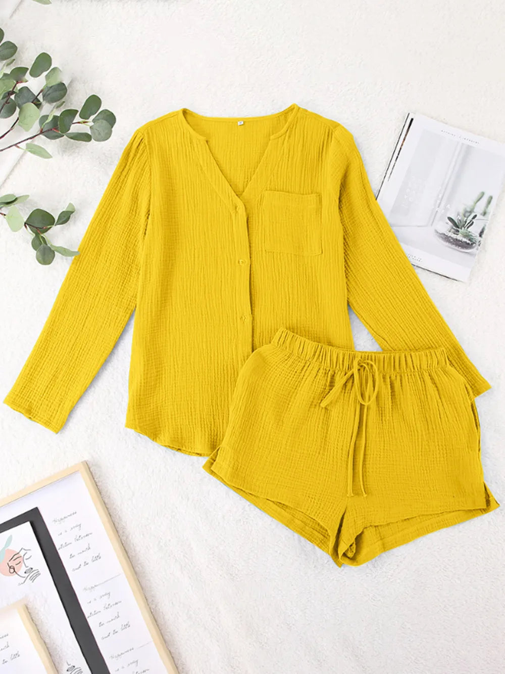 Notched Long Sleeve Top Shorts Set (12)