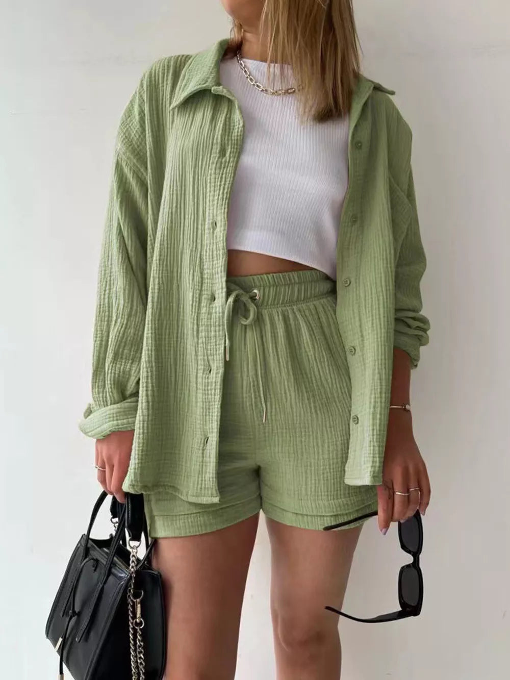 Texture Button Up Shirt Drawstring Shorts Set (24)