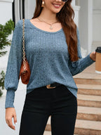 Ribbed Round Neck Lantern Sleeve Knit Top (3)