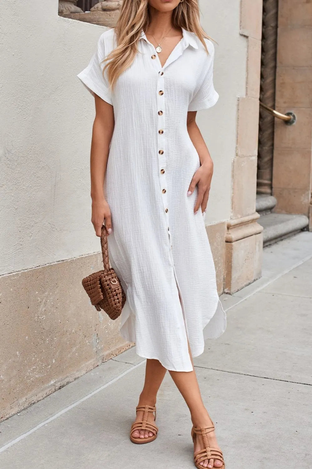 Button Down Short Sleeve Midi Shirt Dress (4)