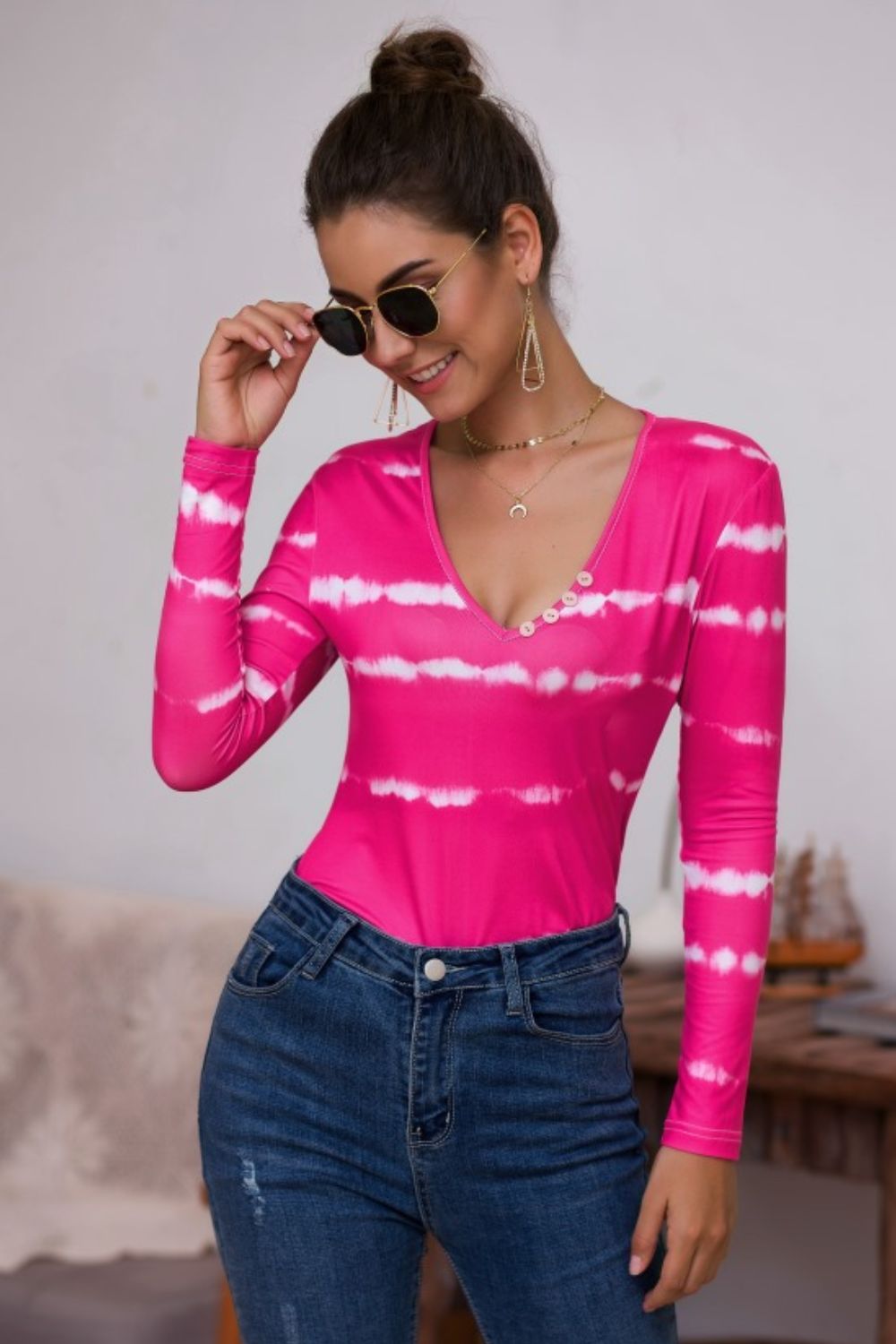 Tie-dye Plunge Long Sleeve Top (5)