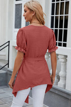 Swiss Dot Tie Waist Flounce Sleeve Blouse (12)