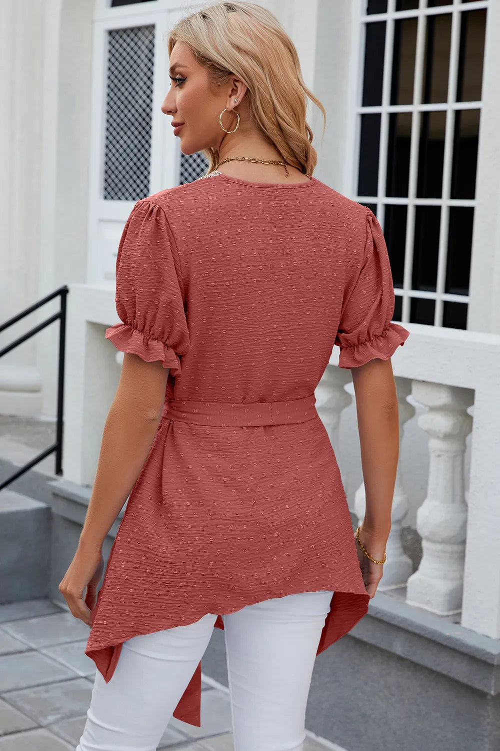 Swiss Dot Tie Waist Flounce Sleeve Blouse (12)