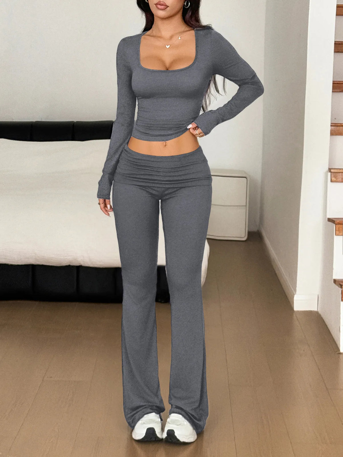 Long Sleeve Crop Top Bootcut Pants Set (14)