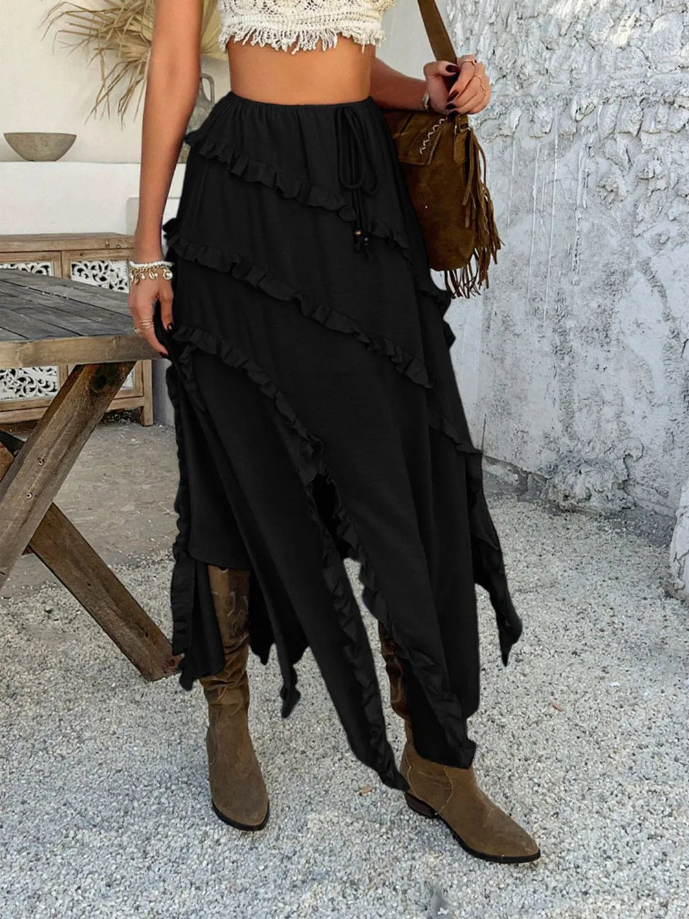 Slit Drawstring Ruffled Skirt (22)