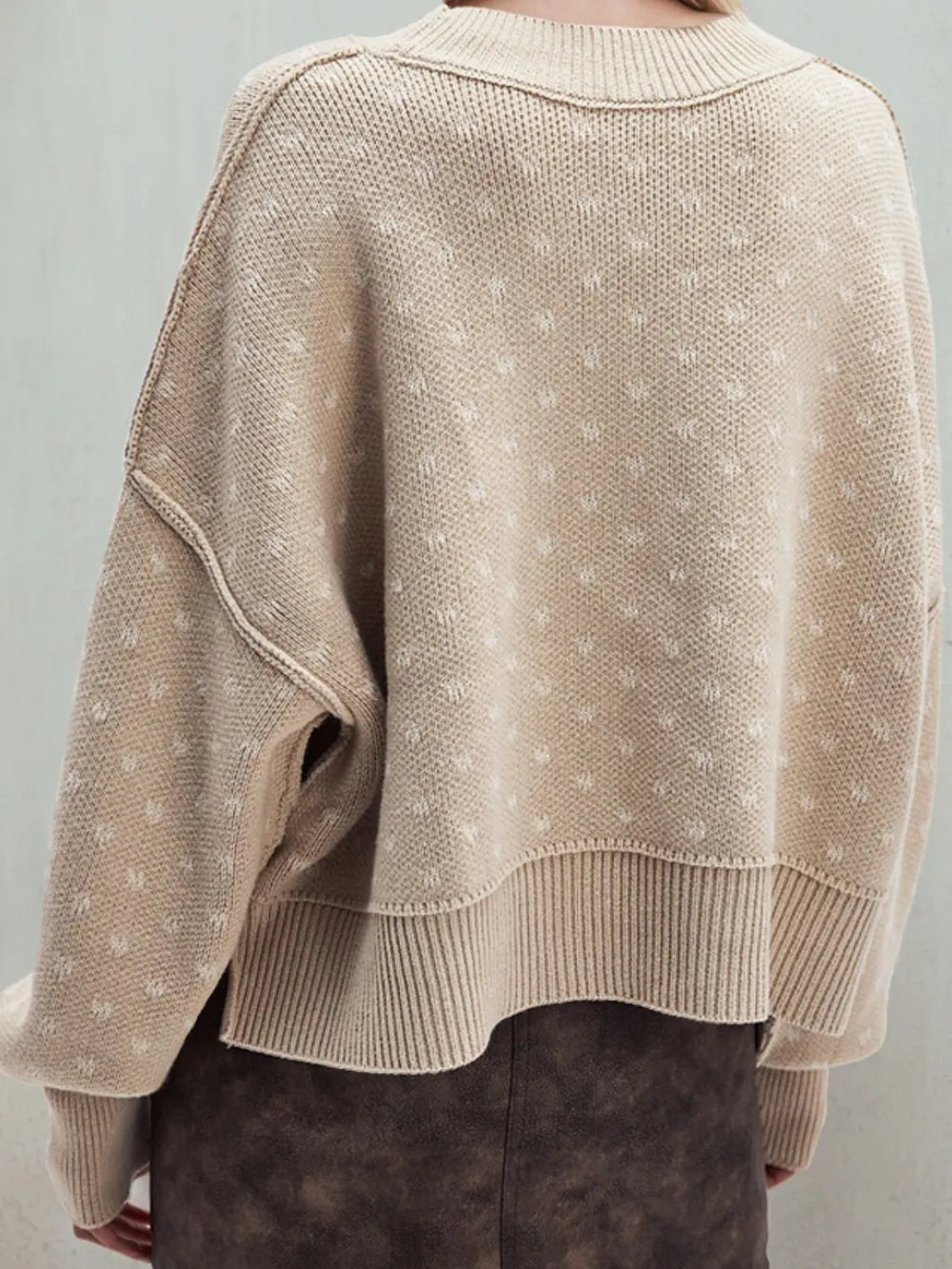 Slit Round Neck Long Sleeve Sweater (2)