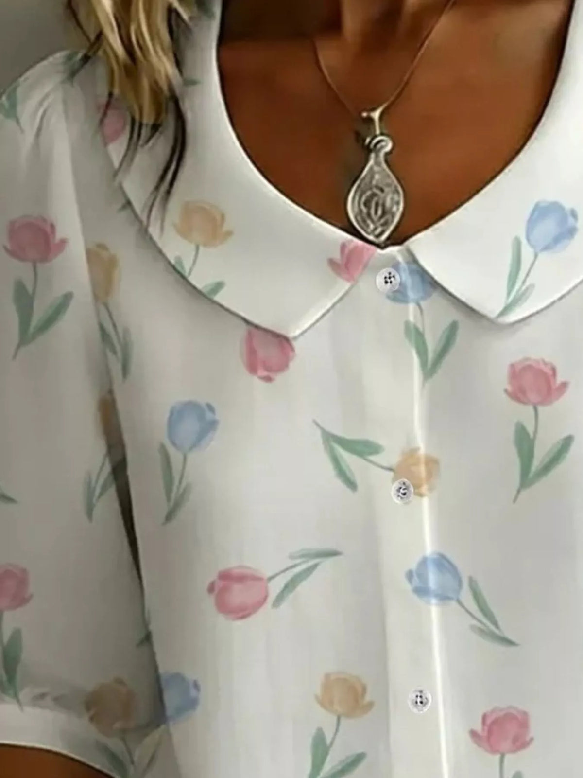 Daisy Print Peter Pan Collar Button-down Shirt (4)