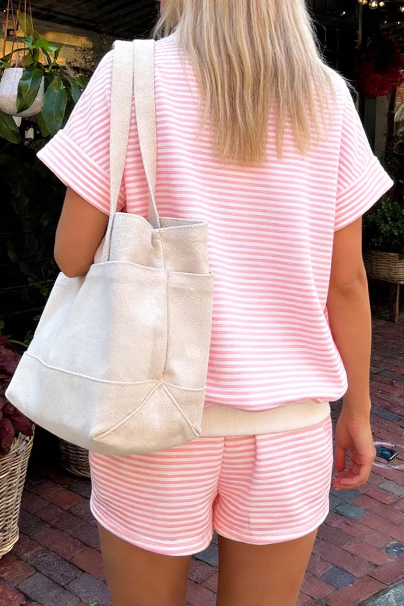 Full Size Striped Round Neck Tee Shorts Set Plus (2)