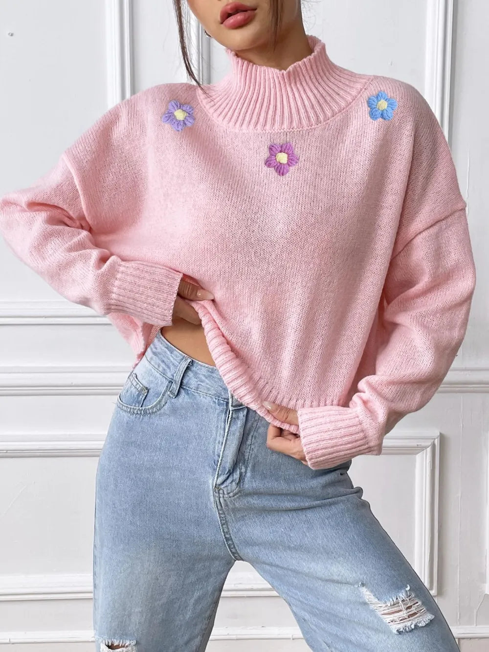 Flower Turtleneck Long Sleeve Sweater (7)
