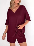 Solid Color V-neck Shorts Set (14)