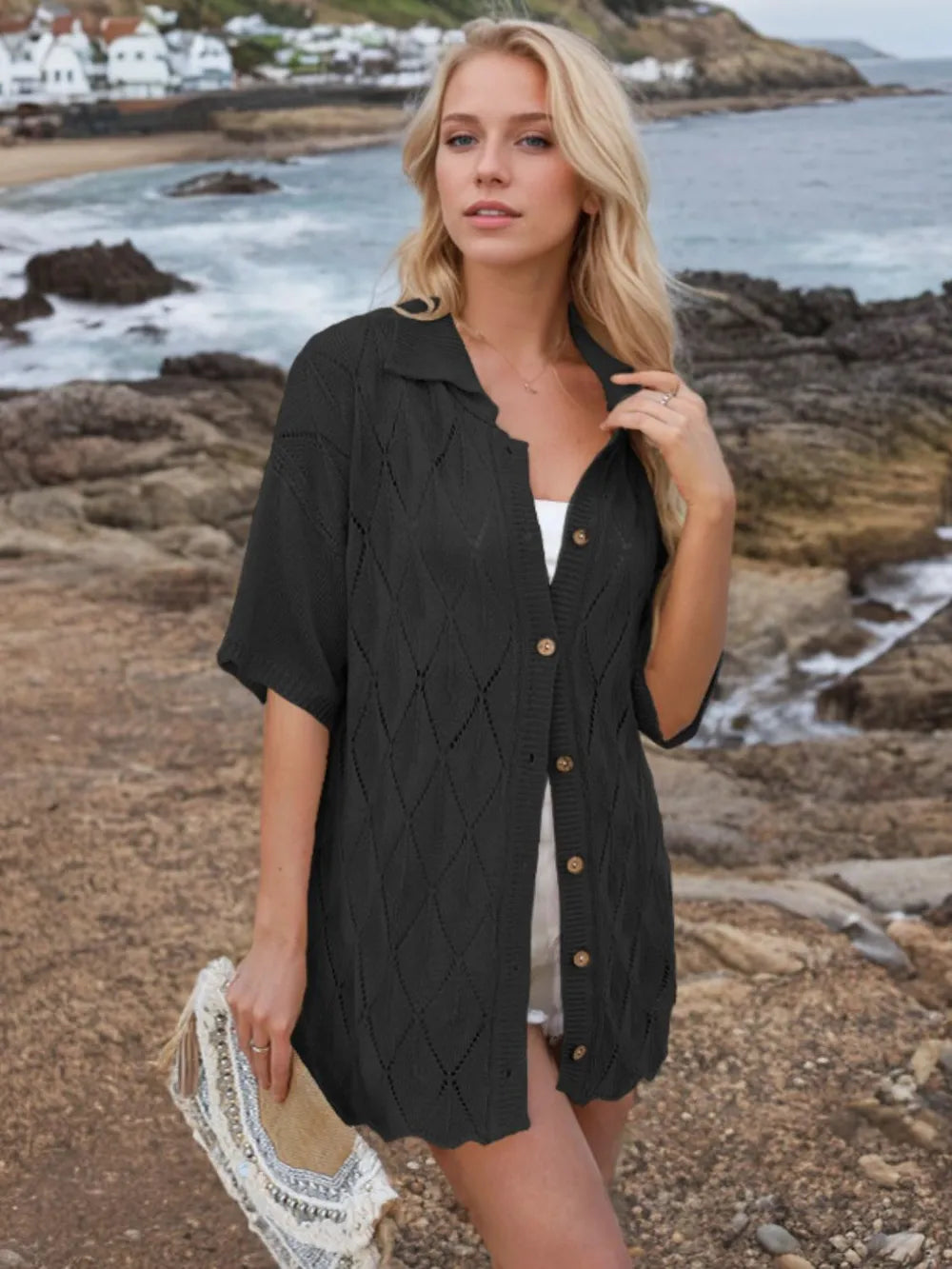Button Down Eyelet Collared Neck Knit Shirt (8)