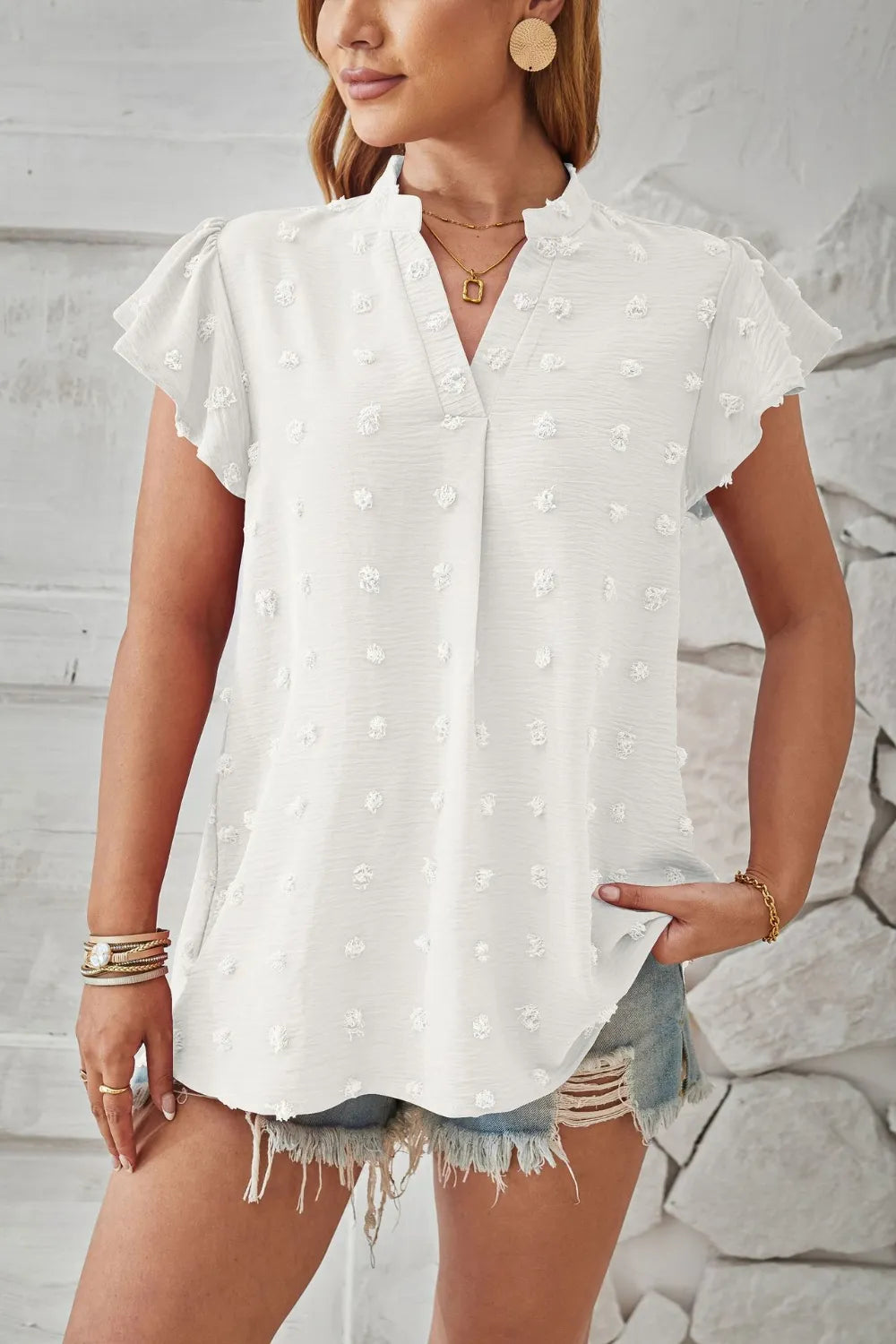 Swiss Dot Notched Cap Sleeve T-shirt (14)