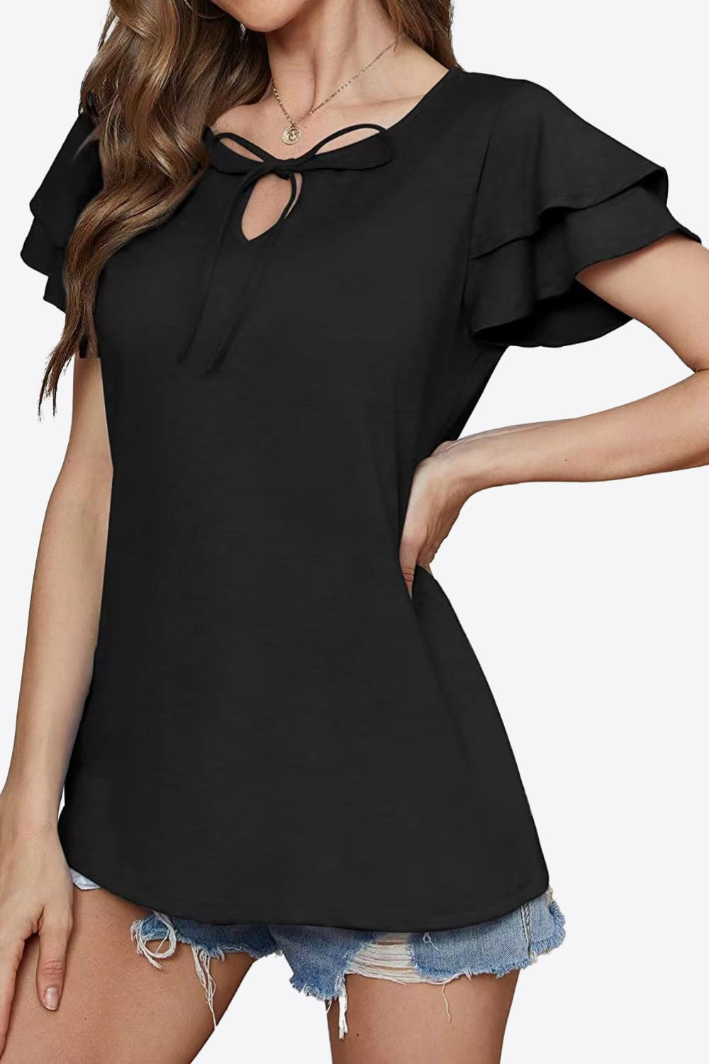 Tie-neck Layered Flutter Sleeve Blouse (5)