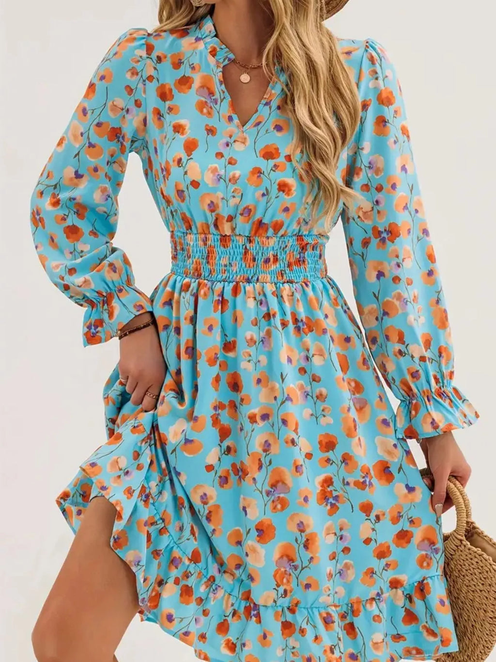 Floral Notched Flounce Sleeve Dress (8)
