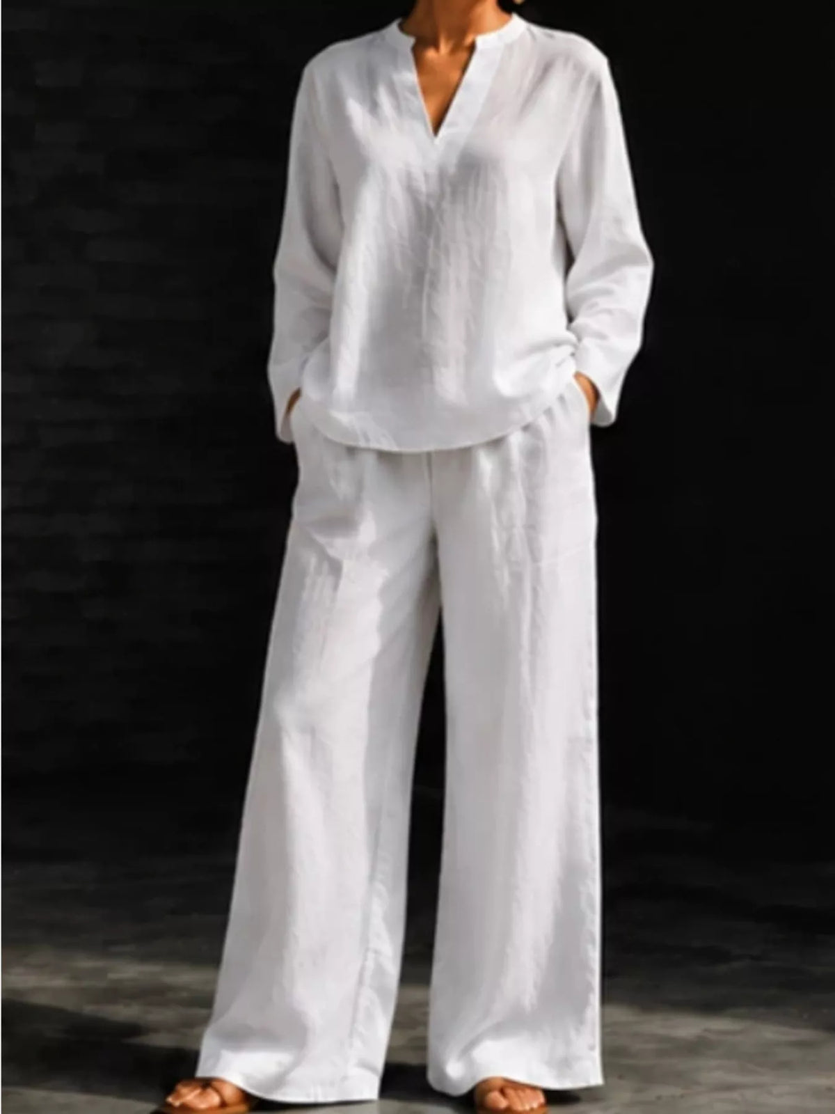 Notched Long Sleeve Top Pants Set (2)