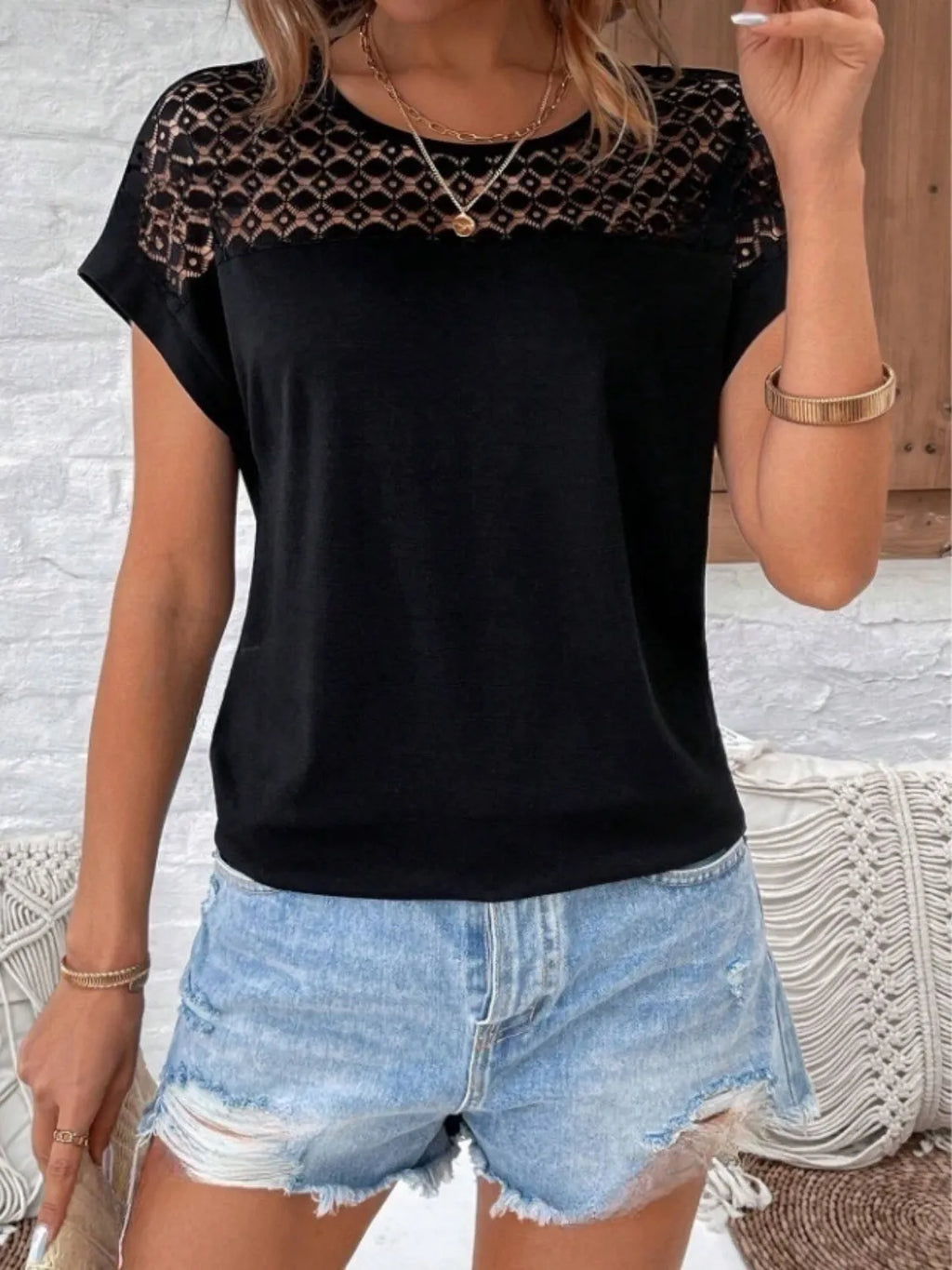 Lace Round Neck Short Sleeve T-shirt (12)