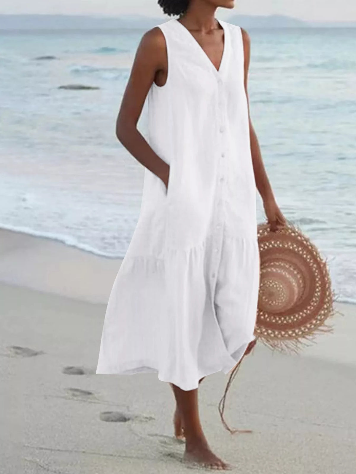 Full Size V-neck Button Front Sleeveless Midi Dress Plus