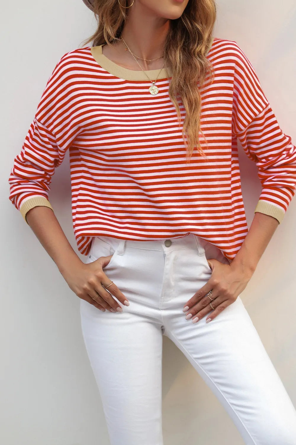 Striped Round Neck Drop Shoulder T-shirt (5)