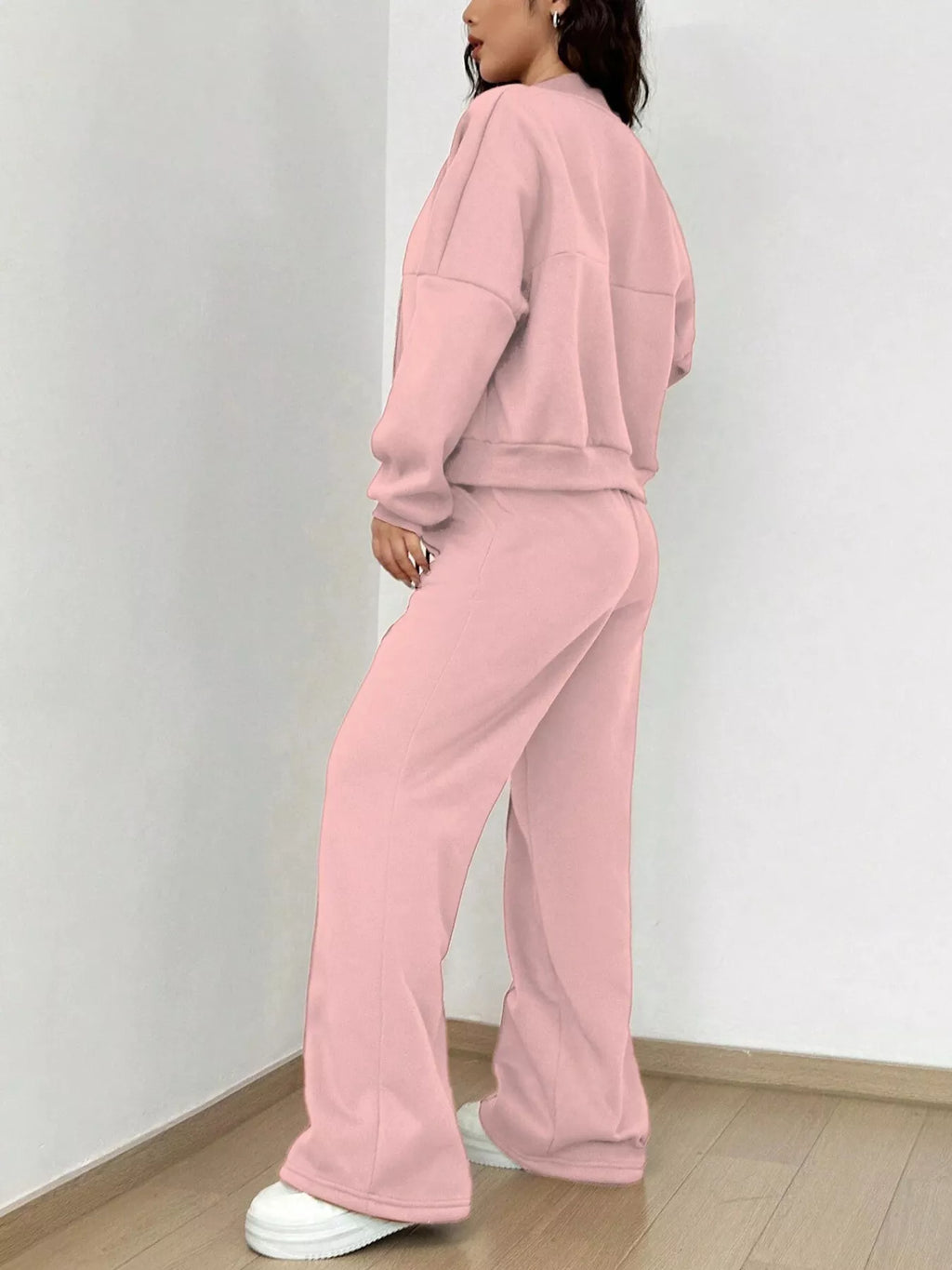 Casual Solid Color Zipper Jacket Wide Leg Pants Set (7)